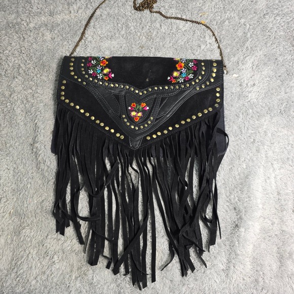 Earthbound Trading Co Handbags - Earthbound Trading Fringe Crossbody Bag Black Leather Embroidered Flower Studded